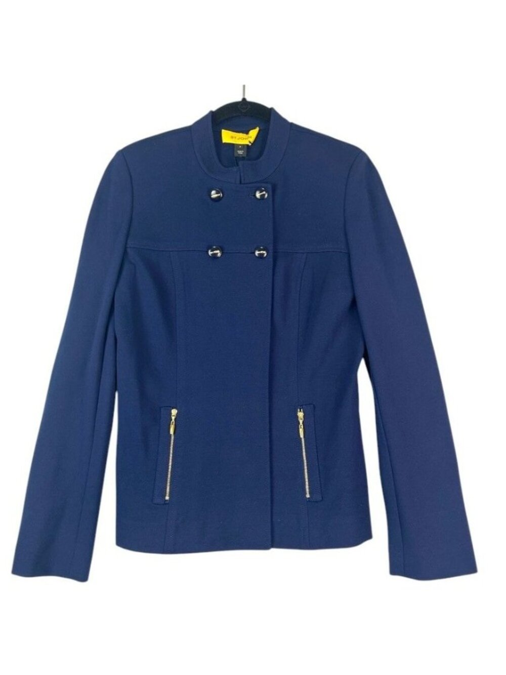 St. John Midnight Navy Stretch Knit Jacket Blazer Gold Hardware Size 2 NWT